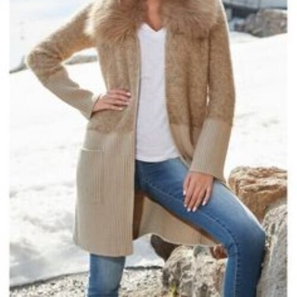 BOSTON PROPER COLORBLOCK FAUX FUR COLLAR SWEATER COAT SIZE: S - Picture 3 of 12